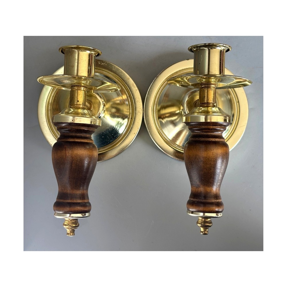 Vtg Homco Gold Tone Wood Wall Sconce Candle Holders Set of 2 Colonial